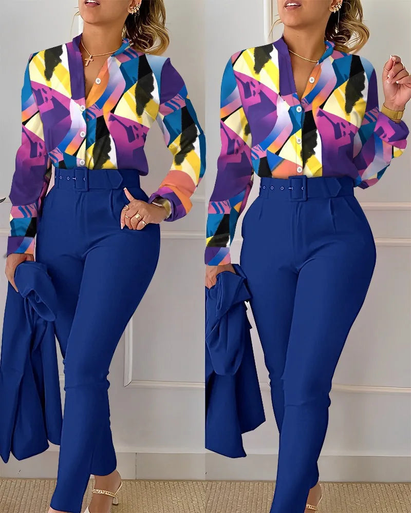 Elegant Women Printed Two Piece Suit Sets Spring Autumn V Neck Long Sleeve Shirt Top & Long Pants Set With Belt Workwear Outfits - Seprincess