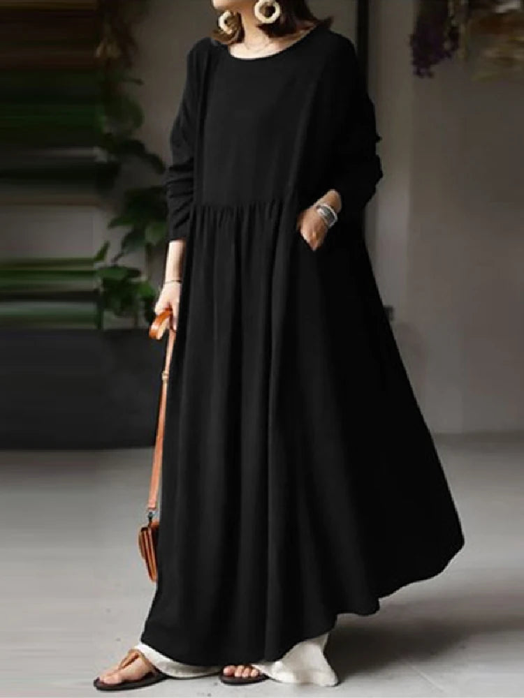 Autumn Women Sundress ZANZEA 2023 Vintage Solid Dresses Female Cotton Robe Casual Long Sleeve Pleated Maxi Vestidos Kaftan - Seprincess