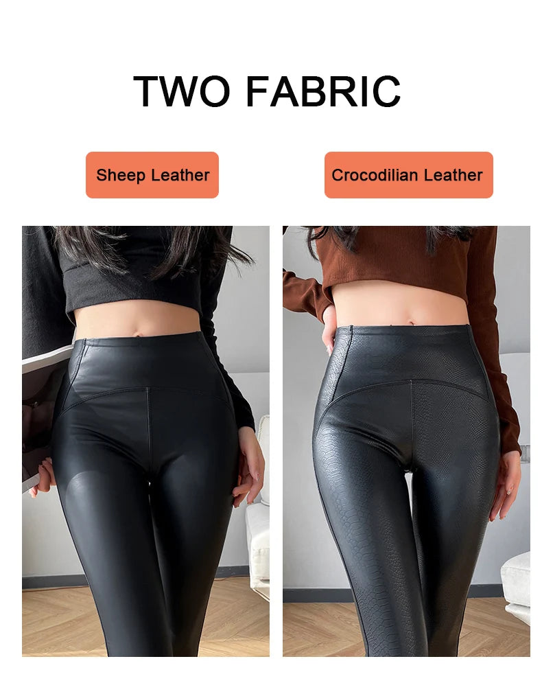 Autumn Winter Women Fleece Matte Leather Leggings High Quality Sheepskin High Waist Elastic PU Leather Pants Slim Sexy Leggings