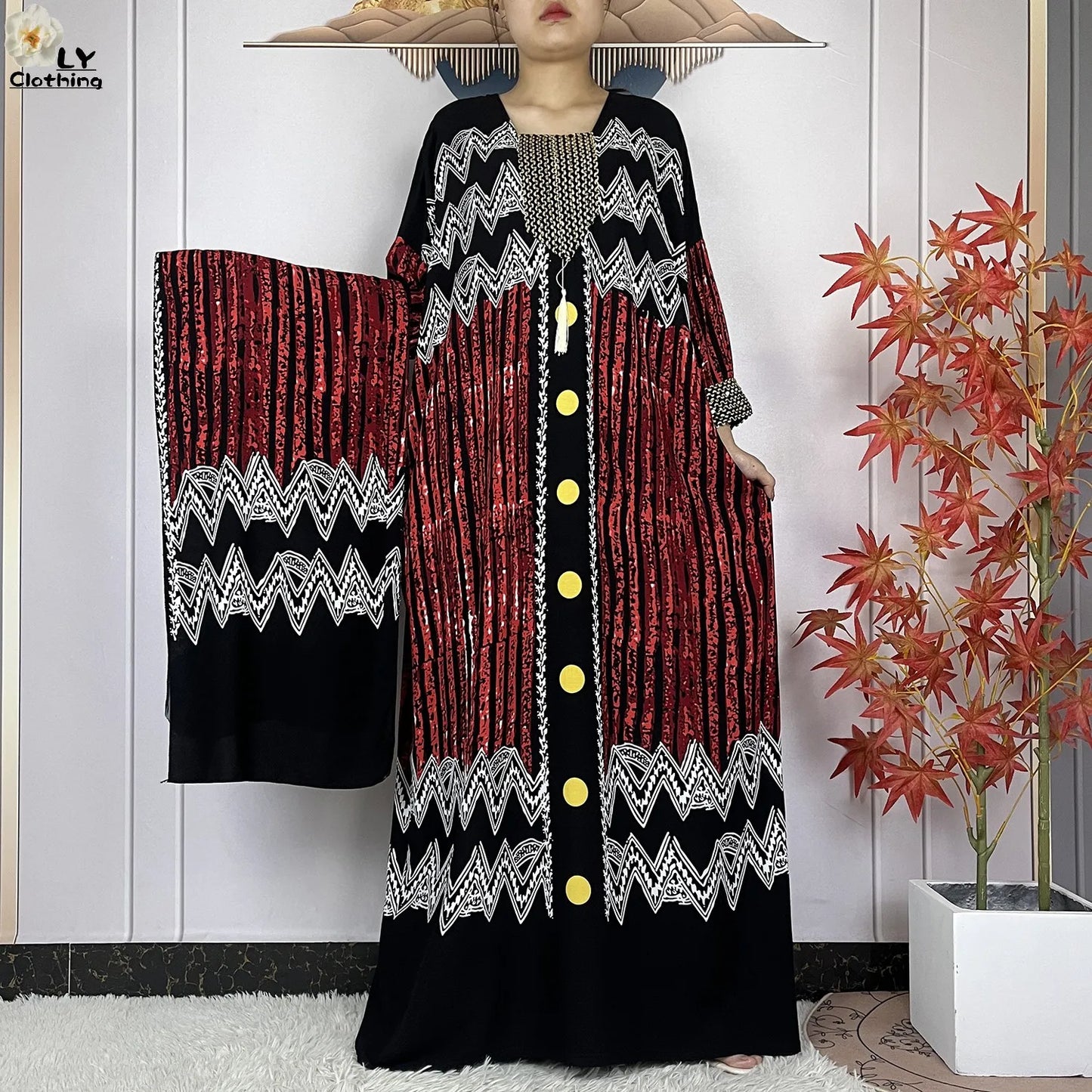 2024New Dubai Party Dress Muslim Femme Long Sleeves Printing Sequins Loose Boubou Maxi Islam Women Cotton African Abaya Clothing - Seprincess