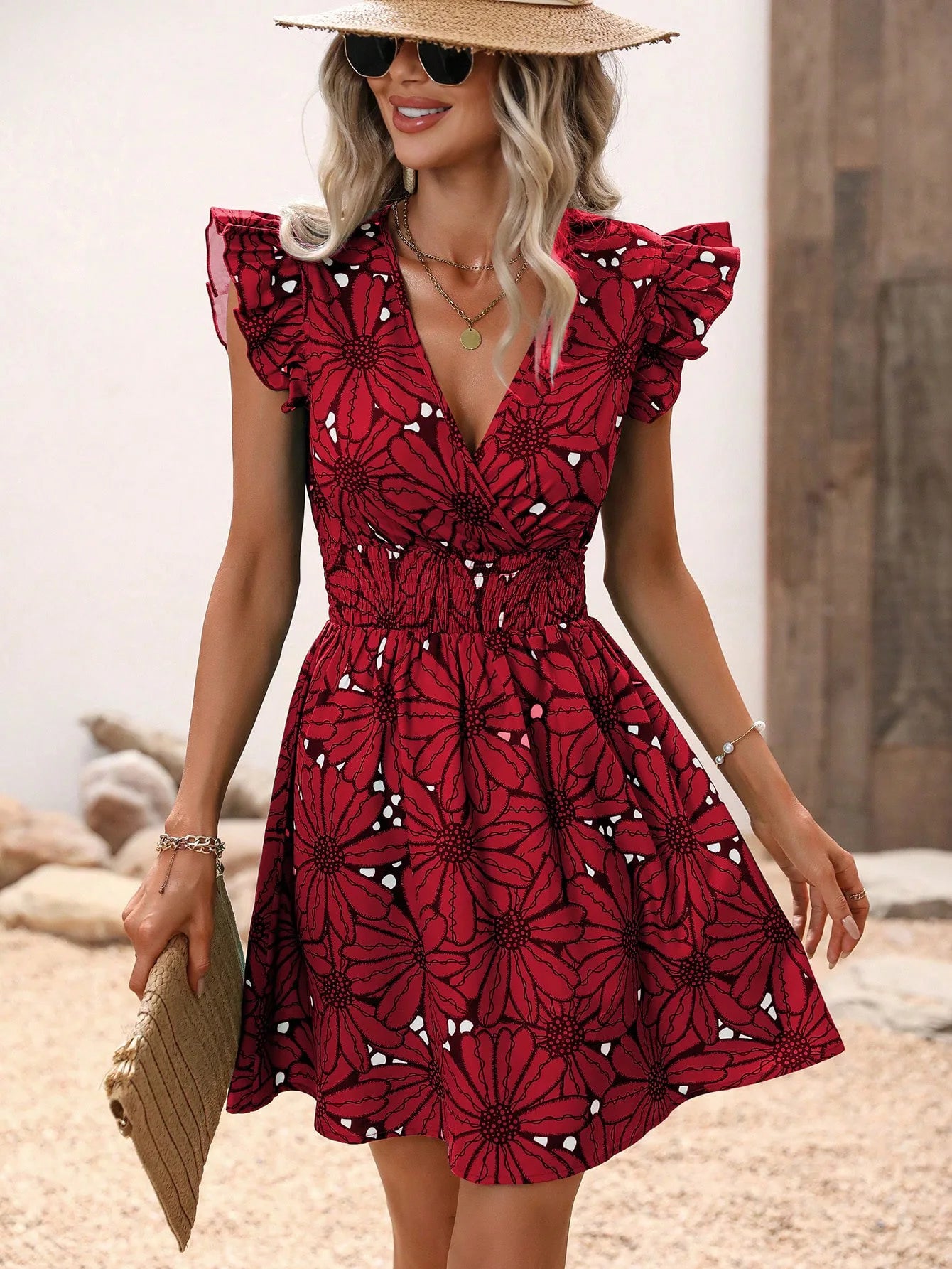 Chic Flower Print Vest A-Line Dress Women Summer V-Neck Mini Skirt Elegant Vacation Dresses - Seprincess