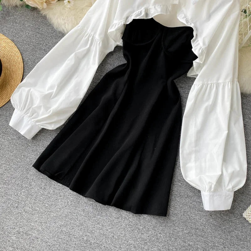 Autumn Women Sexy Black Spaghetti Strap Dress and White Long Sleeve Blouses Crop Tops Korean Fashion Mini Vestidos - Seprincess