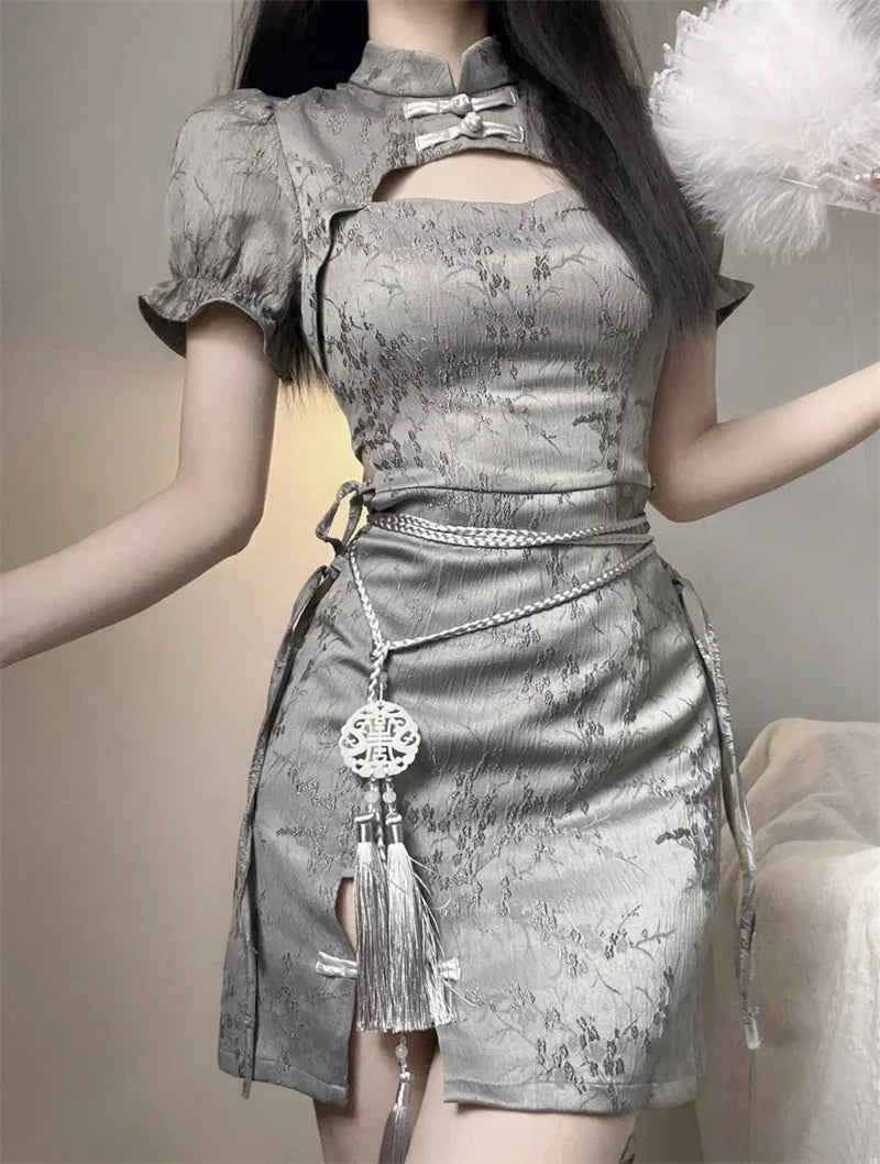 Jade Pendant Vintage Cheongsam Harajuku Chinese Dress Tie Dye Gothic Women Aesthetic Bandage Y2k Sexy Robe Carnival Dress Up - Seprincess