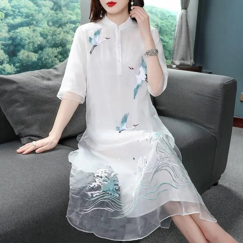 Chinese traditional chiffon cheongsam vestidso vintage embroidery evening party dress oriental loose half sleeve qiapo dress - Seprincess