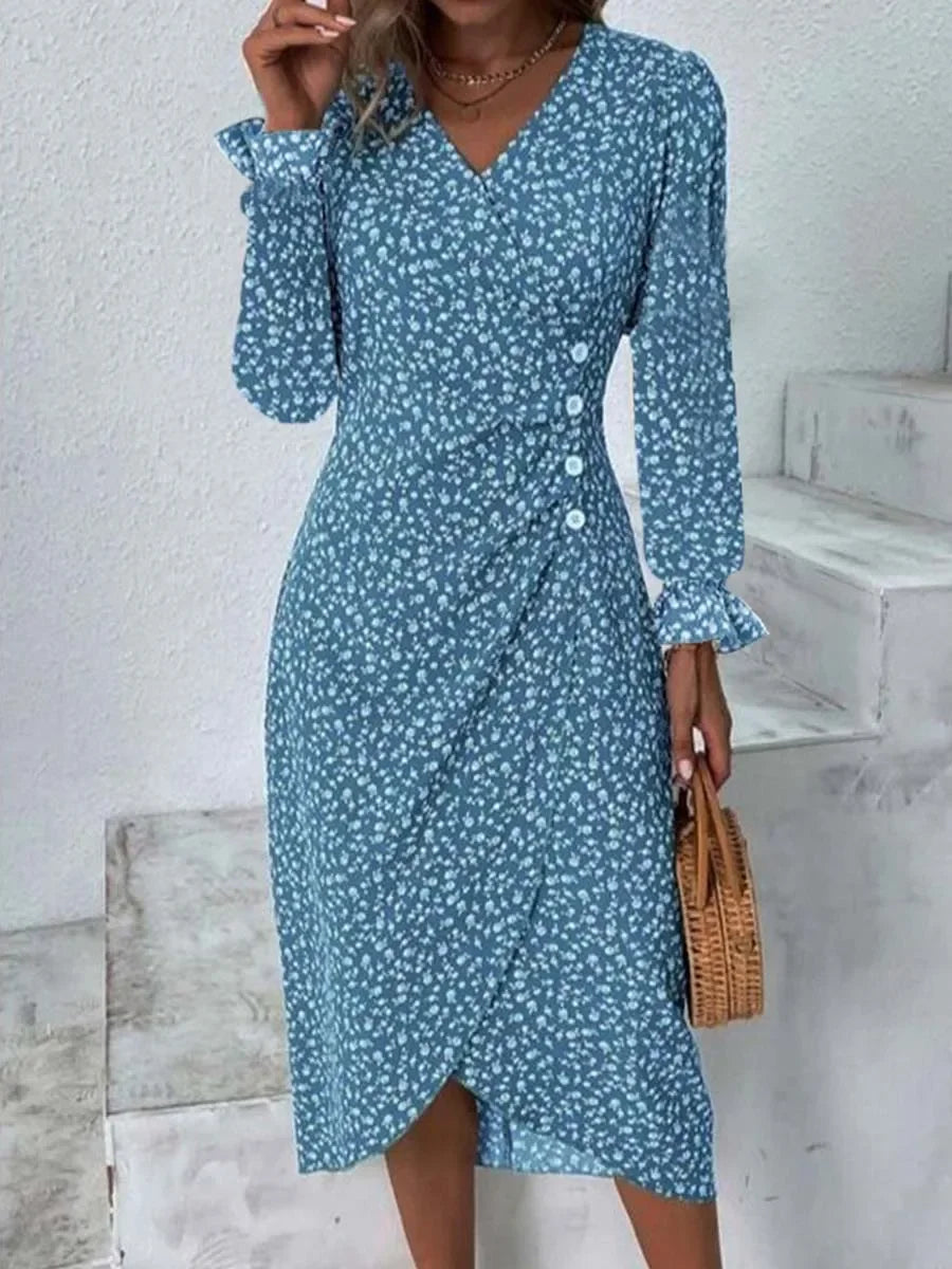 Spring Floral Bodycon Midi Dress For Women V Neck Long Sleeve Ruched Slim Fit Dresses Female Sexy Vestido Robe - Seprincess