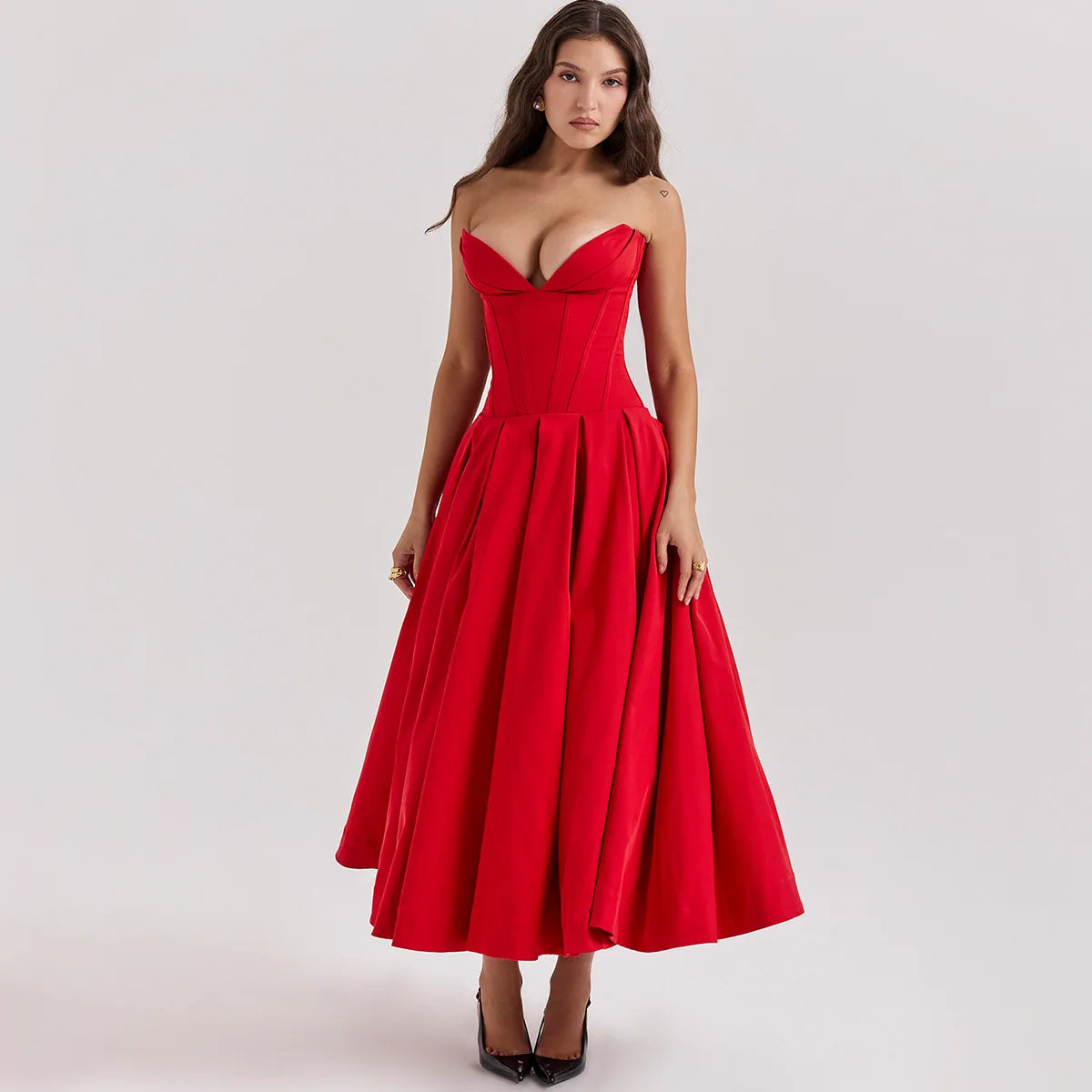 Suninheart Summer Formal Occasion Strapless Dress Sexy Elegant Fit and Flare Birthday Party Dresses Red Women's Clothing - Seprincess