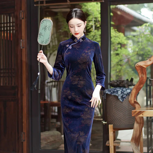 Women Flocking Cheongsam Improved Winter Plus Size Dress Chinese Style Evening Dresses Show Long Qipao Costume 4 Color - Seprincess