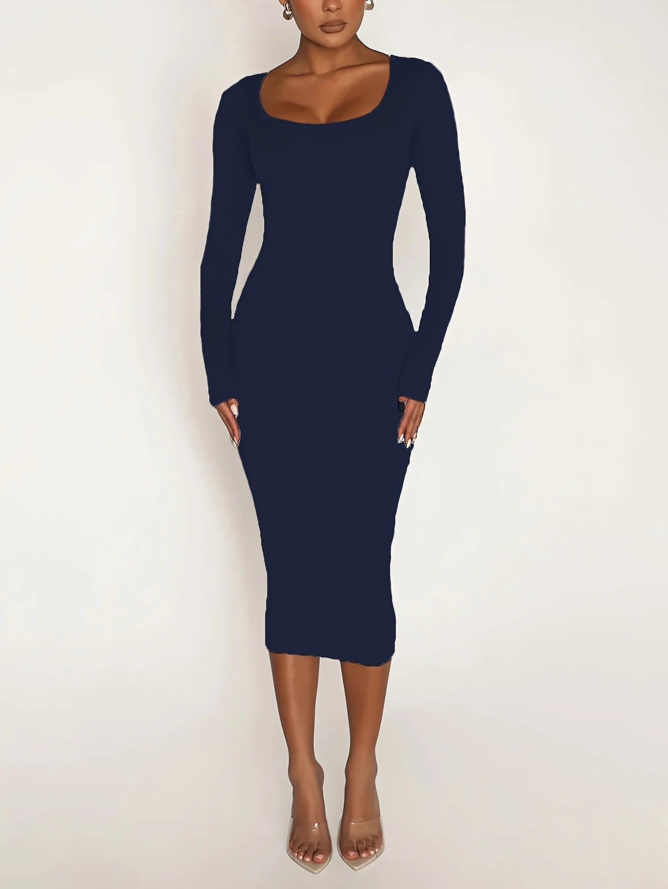 Womens Long Sleeve U-Neck Party Bodycon Midi Jumper Dress Stretch Winter Dresses - Seprincess