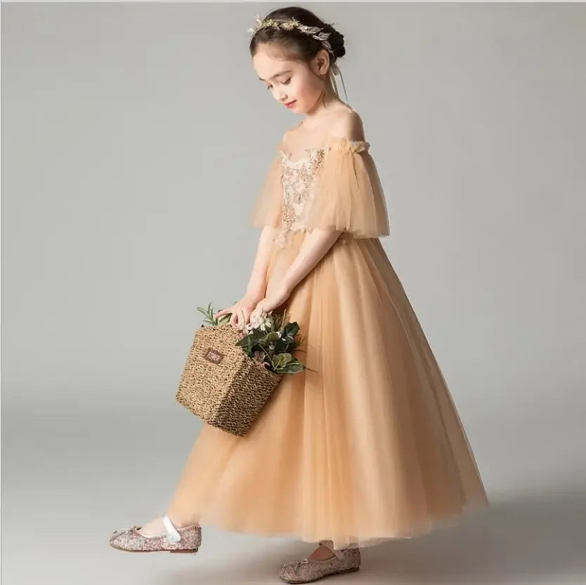 Golden Sequin Flower Girl Dress Off Shoulder Children Wedding Bridemaid Dress Long Gowns Girl Boutique Party Wear Elegant Frocks - Seprincess