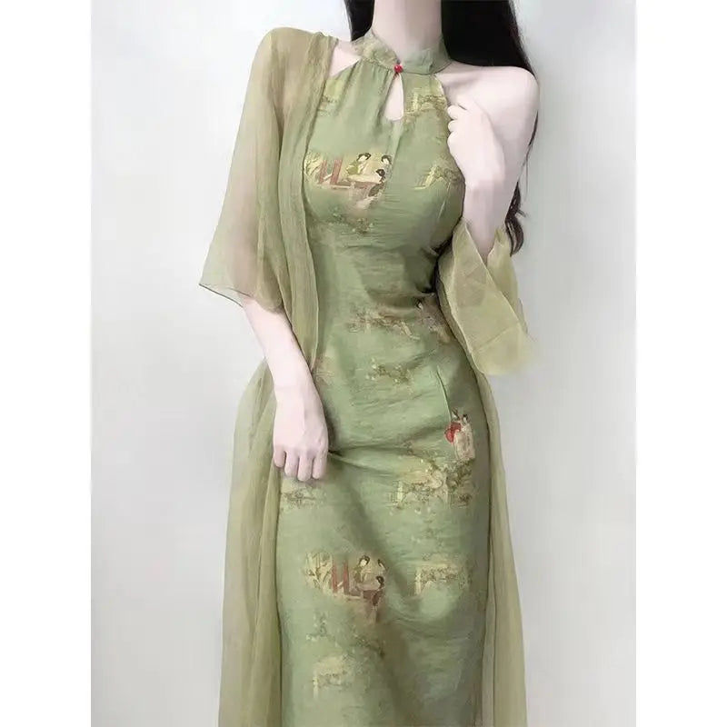 Women Waiting for Yanyu's New Chinese Sleeveless Qipao Plate Buckle Slim Fit Cheongsam Long Cardigan Set 2024 Two Piece Set - Seprincess