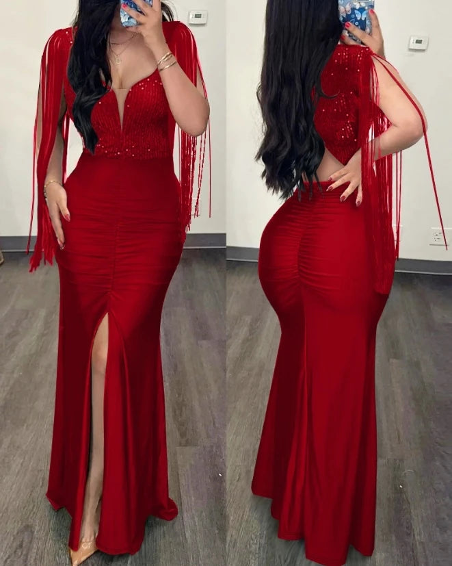 Elegant Evening Party Dresses for Women Rhinestone Cold Shoulder Slit Ruched Party Dress New Fashion 2023 Female Clothing - Seprincess