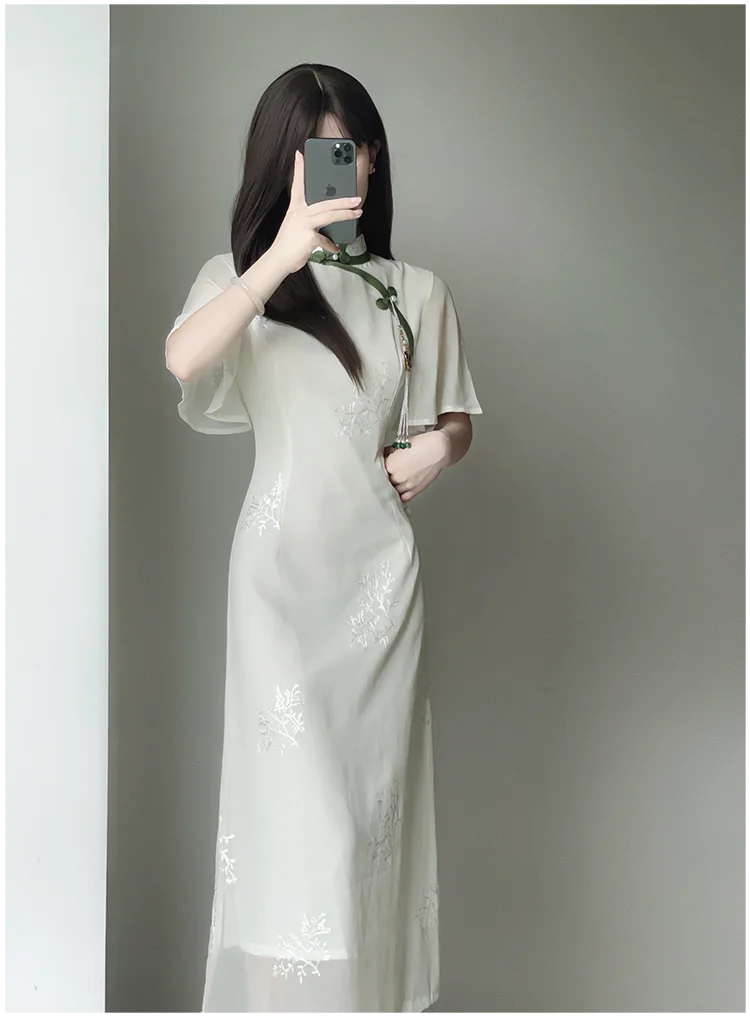 Women White Chiffon Embroidered Inverted Long Sleeve Qipao 2023 Summer New Cheongsam Chinese Style Girl Wen Wan Lady Dress - Seprincess