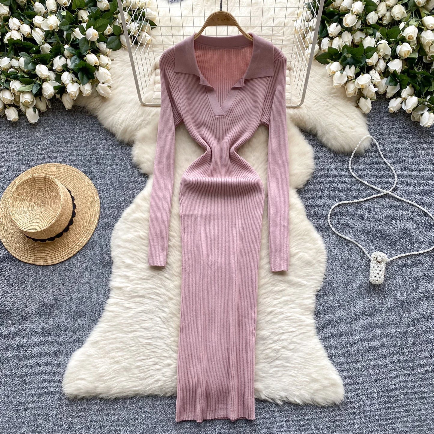 SINGREINY French Vintage Sweater Dress 2024 Ladies Lapel Long Sleeves Autumn Fashion Solid Basics Bodycon Knitted Long Dress - Seprincess