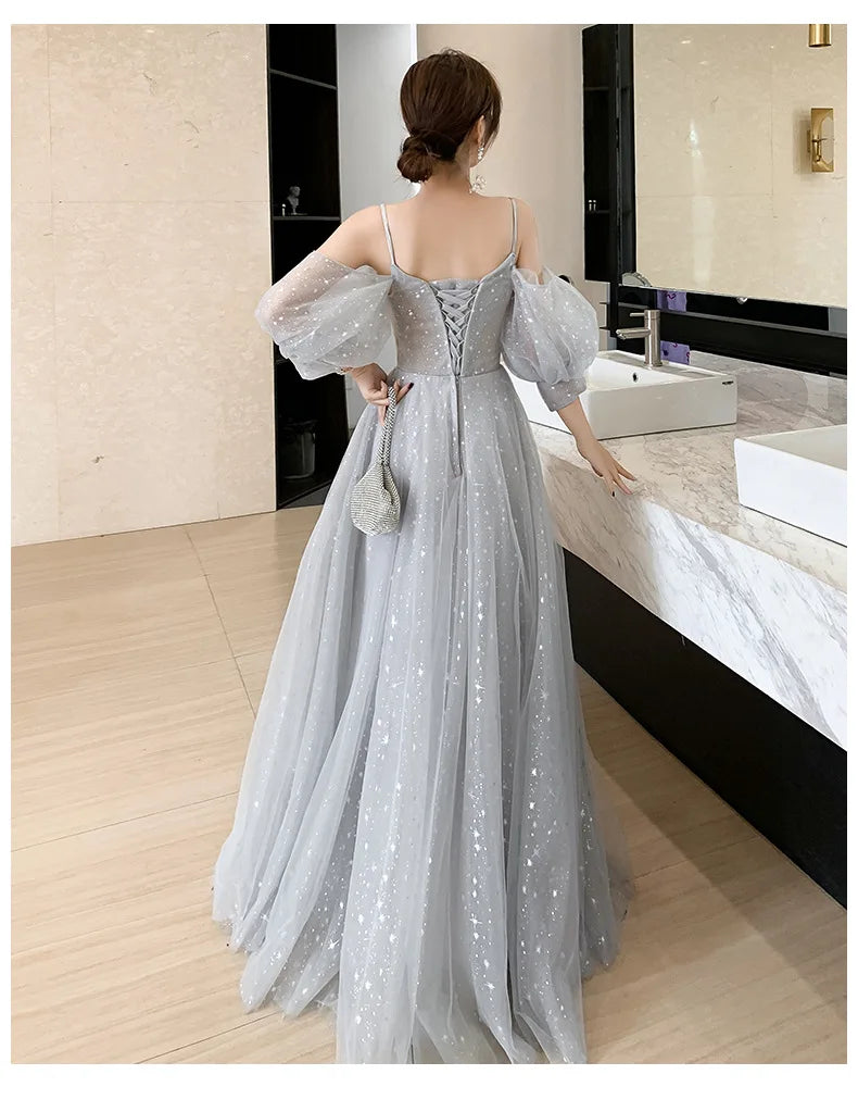 Grey Bridesmaid Dresses Elegant Women Applique Off The Shoulder Floor Length Tulle Wedding Party Dress Formal Prom Gowns - Seprincess