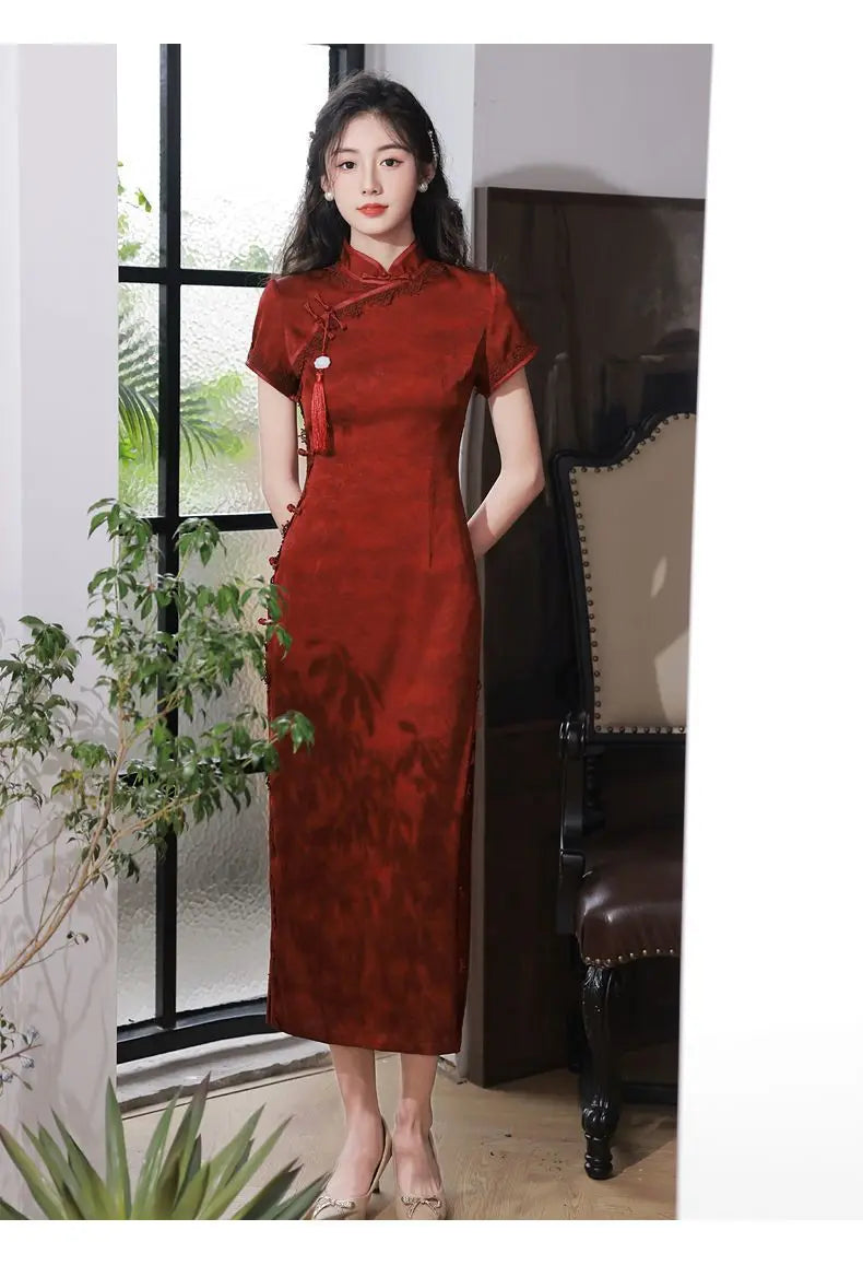 Wine Red Qipao Cheongsam 2023 Chinese Dress Women Classic Mandarin Collar Bridal  Evening Party Gown Young Girls Long Dress - Seprincess