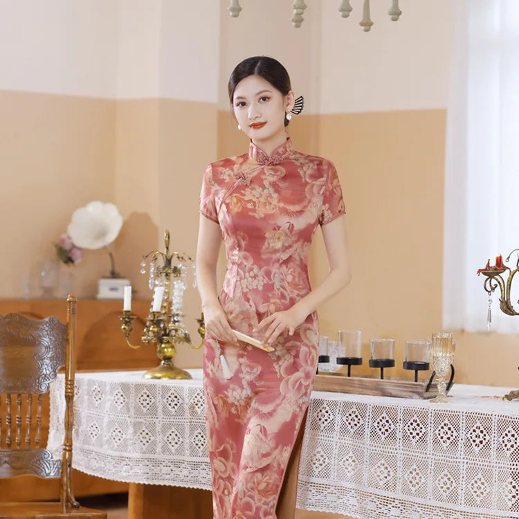 Chinese Style Cheongsams Woman Traditional Dress Floral Print Qipao Satin Vestido Para Mujer Slitting Hem Bodycon Large Size 5Xl