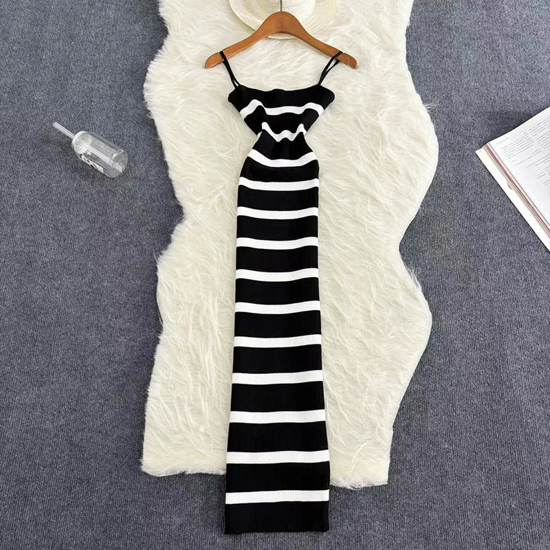 Summer Stripe Elastic Bodycon Strap Dress 2024 Sexy Beach Sundress Women Casual Slim Pencil Vestidos Maxi Long Dress - Seprincess