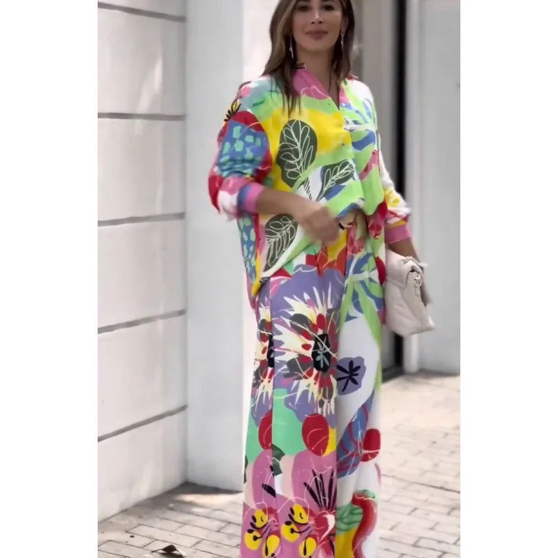 Fashion Color Print Two Piece Set Women Trendy Loose Long Sleeve Shirts Wide Legs Trousers 2 Piece Set Female  Commuting Suits - Seprincess