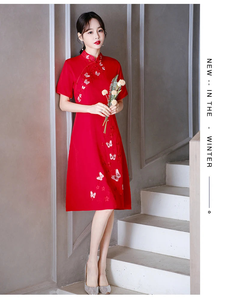 Retro Ethnic Style Chinese Traditional Qipao Dress Fashion Embroidered Improved Red Cheongsam CNY - Seprincess