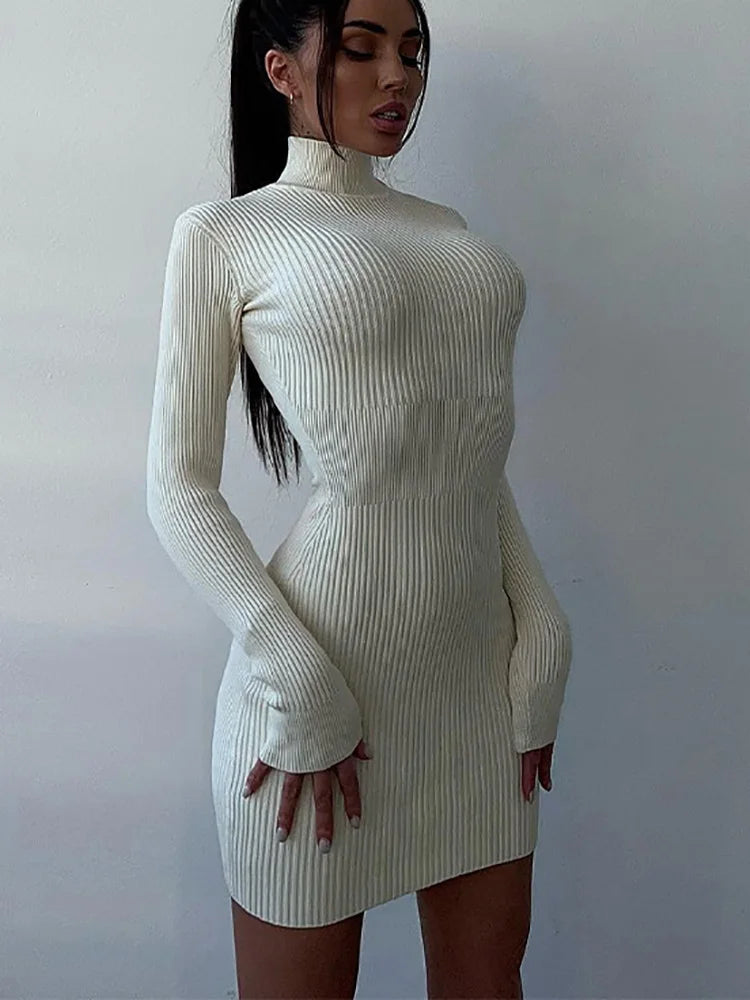 Sexy Knitted Bodycon Short Dresses Women Elegant White Hollow Sweater Dress Autumn Winter Fashion Basic New In Dresses 2023 - Seprincess