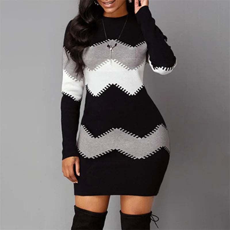 Women Elegant Patchwork Long Sleeve Warm Dress 2022 Autumn Winter Rib Knit Sweater Dress Casual Turtleneck Pullover Mini Dresses - Seprincess