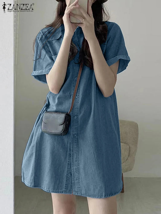 ZANZEA Summer Women Jeans Dress Vintage Short Sleeve Denim Sundress Causal Shirt Vestidos Retro Lapel Kaftan Loose Work Dresses - Seprincess