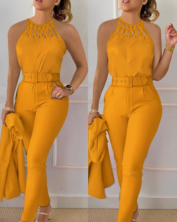 Two Piece Set Women Outfit 2024 Summer Fashion Hollow Out Round Neck Sleeveless Tank Top & Casual Pocket Daily Pants Set - Seprincess