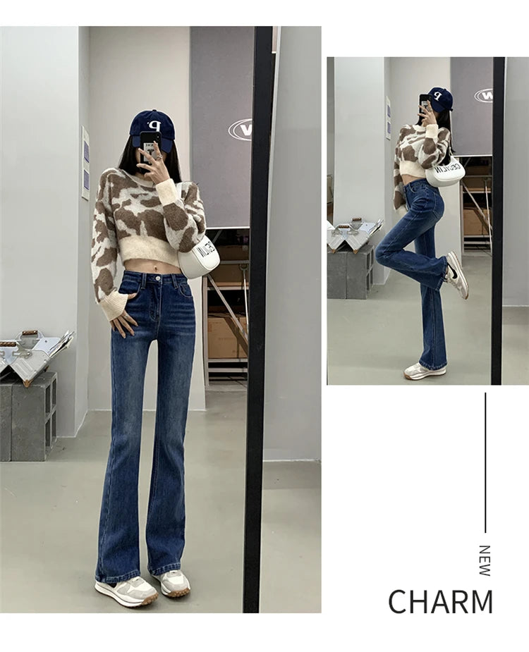 Winter Warm Women's Jeans Fashion Slim Thicken Fleece Flared Pants High Waist Elastic Skinny Velvet Plus Length Female Jeans