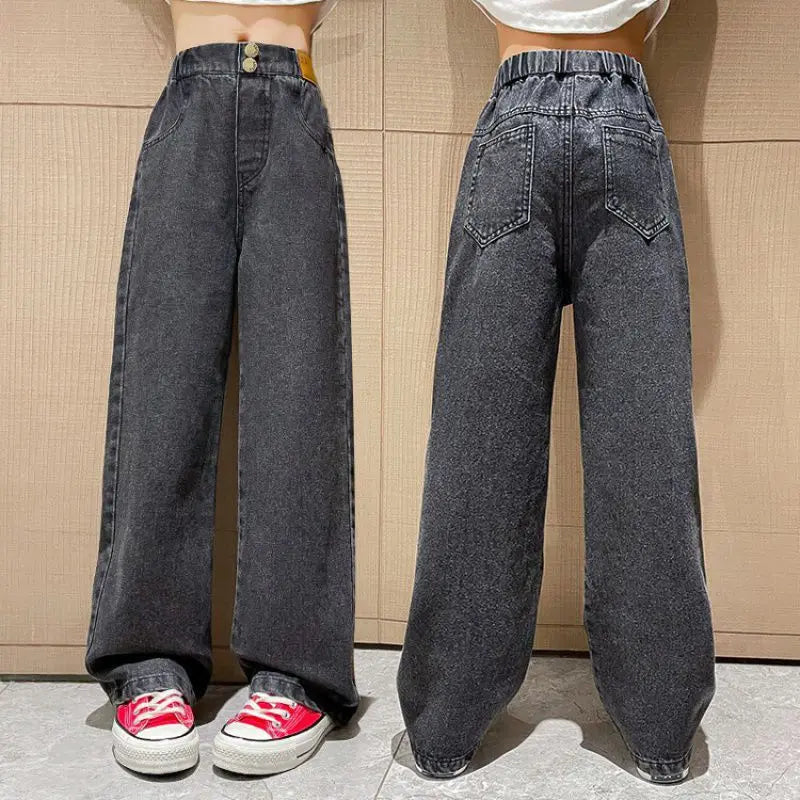 Girls' Loose Jeans For Autumn And Winter, Girls Aged 6 to 14, Loose Straight-leg Pants, Girls' Sherpa Fabric Warm Pants.