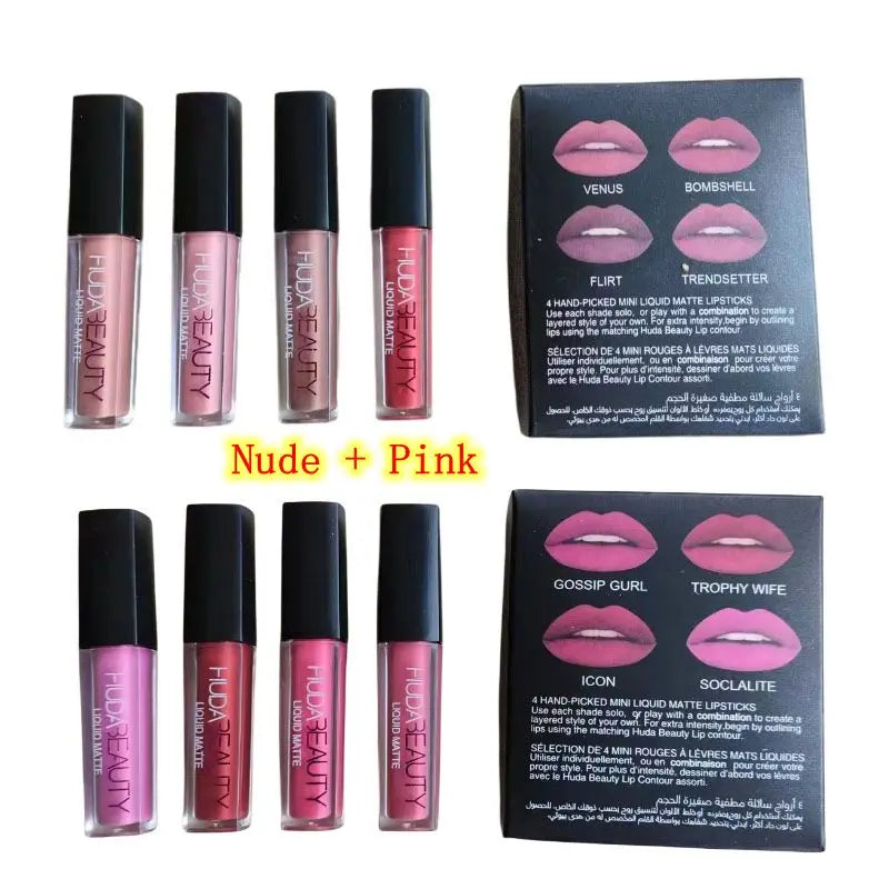 4pcs Lipstick Set Matte Lip Gloss Waterproof Lip Glaze Tint Non-stick Non-Fading Lips Huda Lip Makeup Cosmetic Lip Care - Seprincess