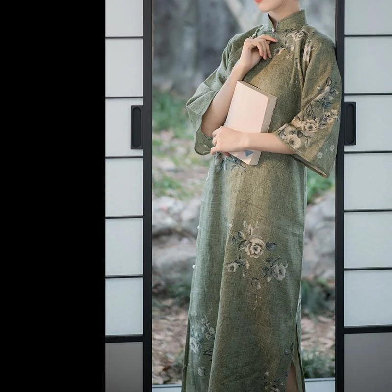 Retro Chinese Style Hanfu 2024 Spring And Summer New Linen Print Middle Sleeve Loose Cheongsam Thin Long Dress - Seprincess