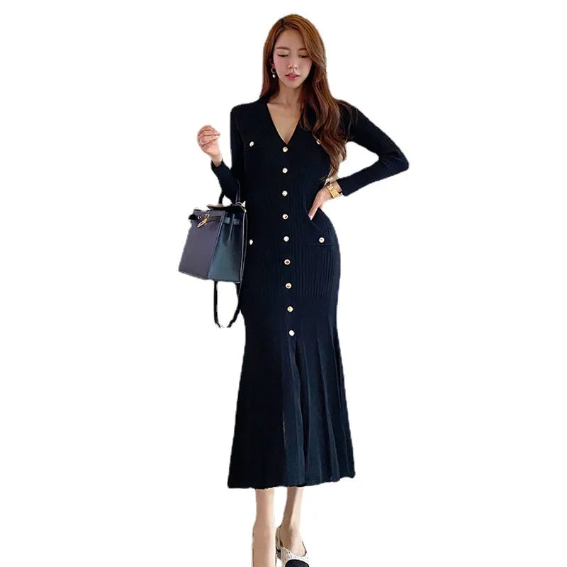 Vintage Korean Maxi Dresses for Women Party Long Sleeve V-neck Mermaid Dress Elegant Fashion Ladies Vestidos Femme Autumn 2023 - Seprincess