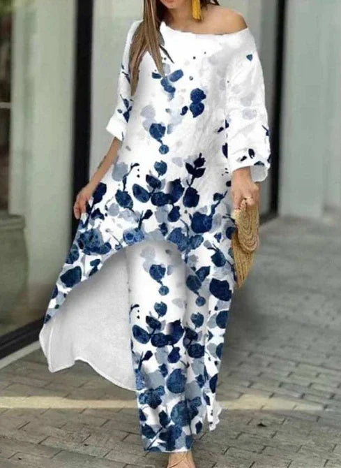 Two Piece Set Women Outfit 2023 Spring Fashion Casual Loose Irregular Print Round Neck Long Sleeve Top & Wide Leg Pants Suit - Seprincess