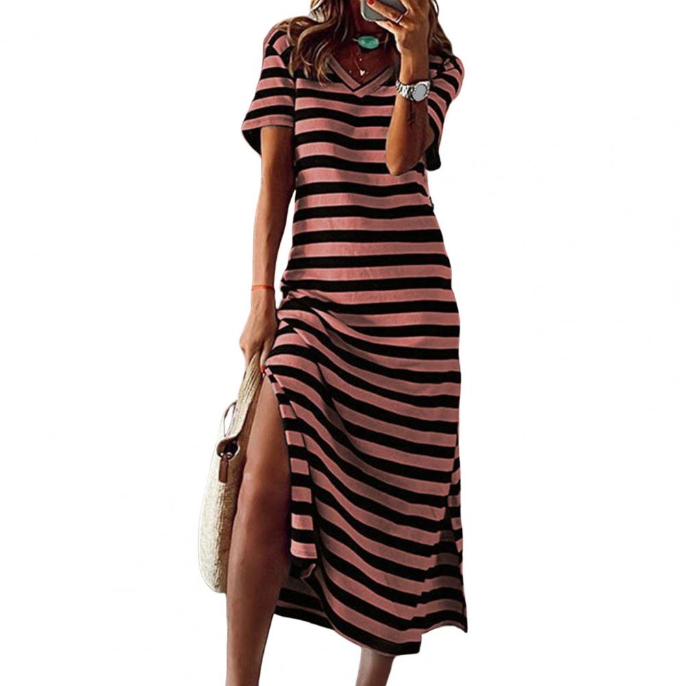 Summer Dresses 2023 Woman Plus Size Dresses For Women Casual Stripe Print V-neck Short Sleeve Loose Long Dress Robe Femme - Seprincess