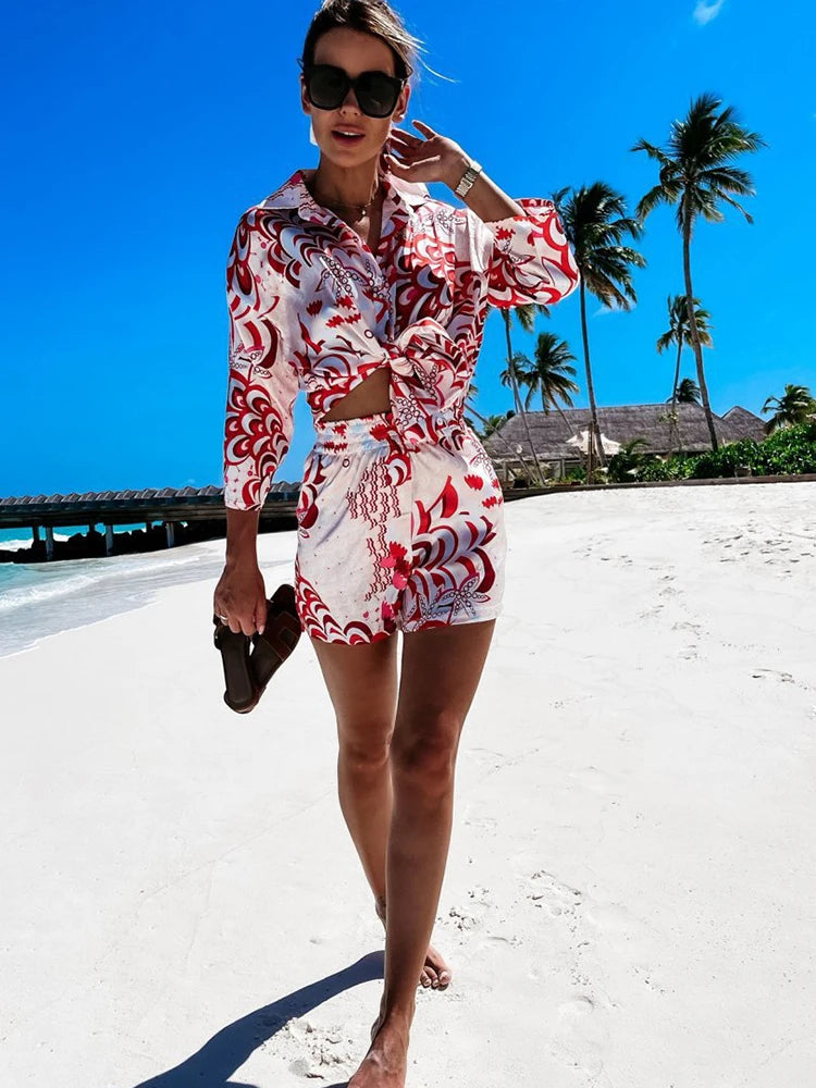 Women's Shirt Sets Fashion Printed Summer Long Sleeve Shirt + Shorts 2 Pieces Set 2023 Lady Vintage Holiday Beach Casual Outfits - Seprincess