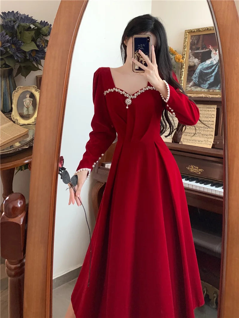 Burgundy Velvet Prom Dresses Square Collar Long Sleeve Pearl Crystal Long Engagement Dress Plus Size Female Formale Gowns - Seprincess