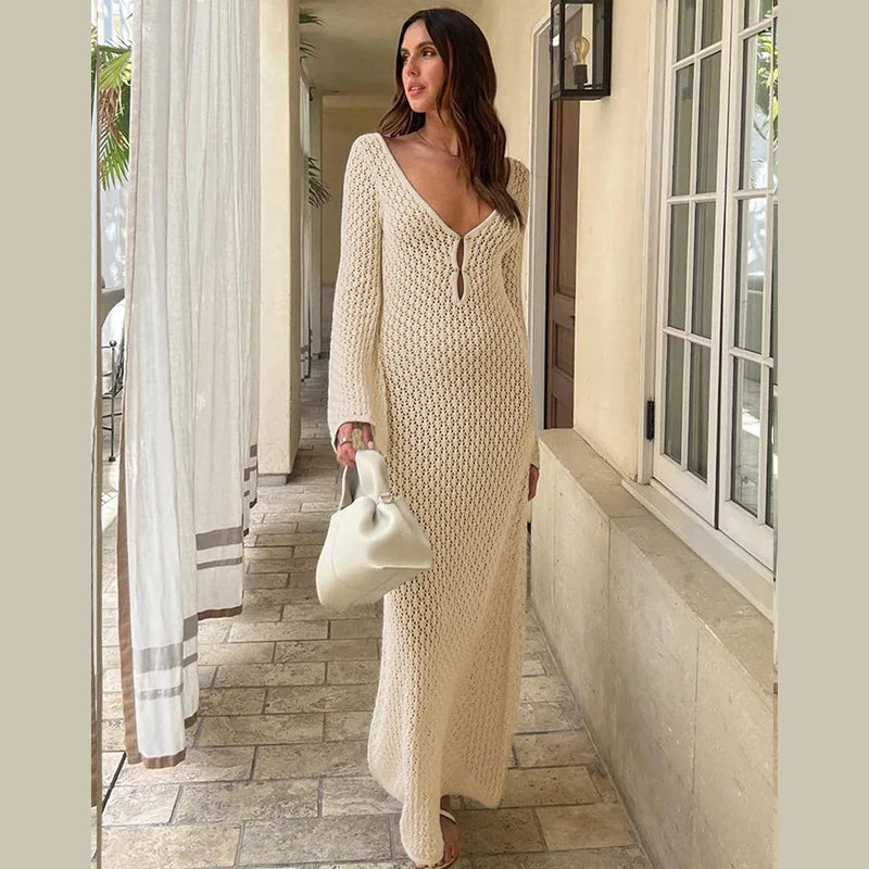 Sexy Women Long Knit Beach Dress Hollow-Out Deep V-Neck Long Sleeve Bikini Cover-Ups Dress Fall Backless Holiday Dress - Seprincess