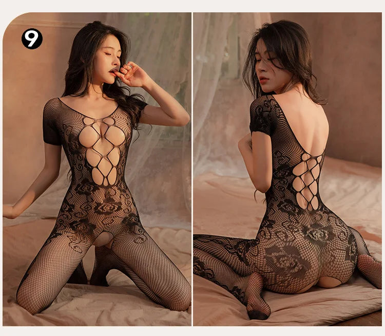 Women Sexy Crotchless Erotic Lingerie Porn Fishnet Mesh Bodysuit Female Stretch Open Crotch Porn Teddy Hollow Out Bodystockings