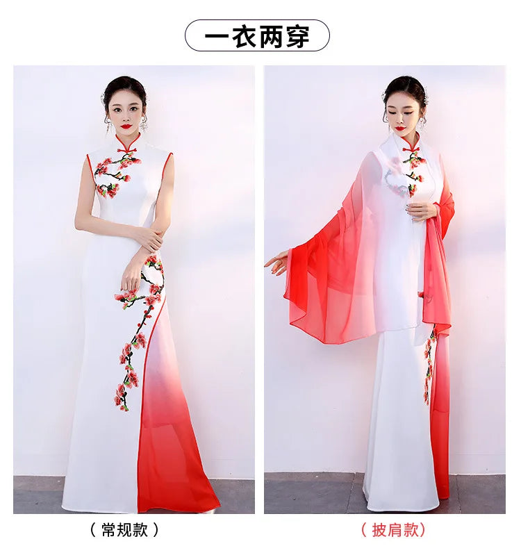 White Sexy Satin Chinese Dresses Gown Women Large Size Slim Qipao Long Sequins Evening Party Cheongsam Elegant Vestidos - Seprincess