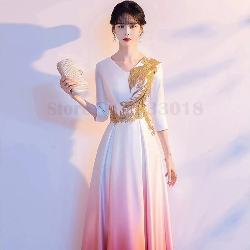 Fashion Gradient Evening Party Dress Cheongsam Sexy V-Neck Long Vestidos Host Choir Performance Dresses Female Oversize Qipao - Seprincess