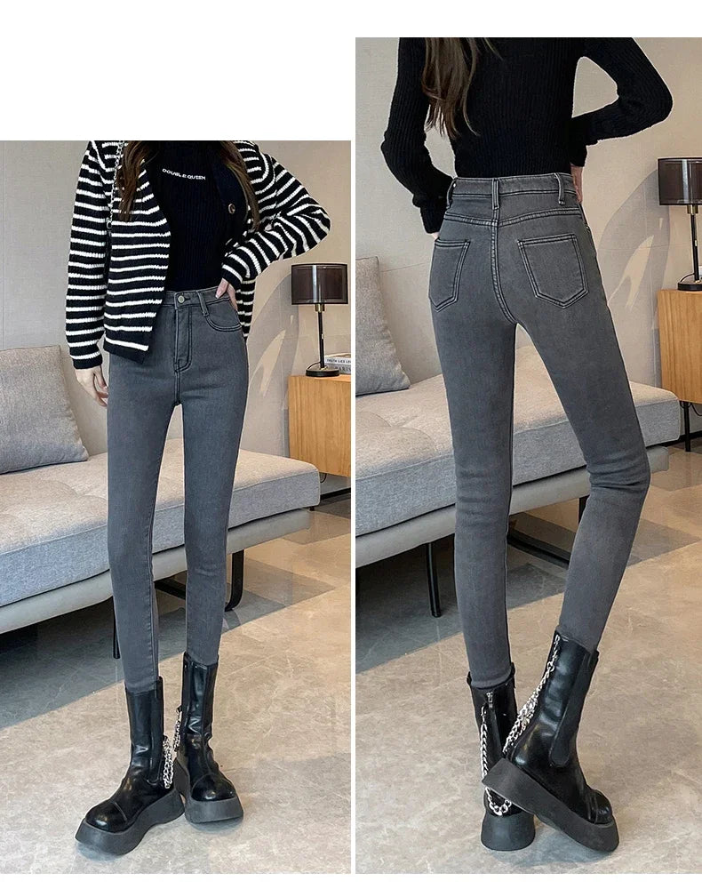 Skinny Women's Warm Jeans Winter Thicken Fleece Stretch High Waist Pencil Pants Fashion Korean Black Blue Gray Velvet Leggings