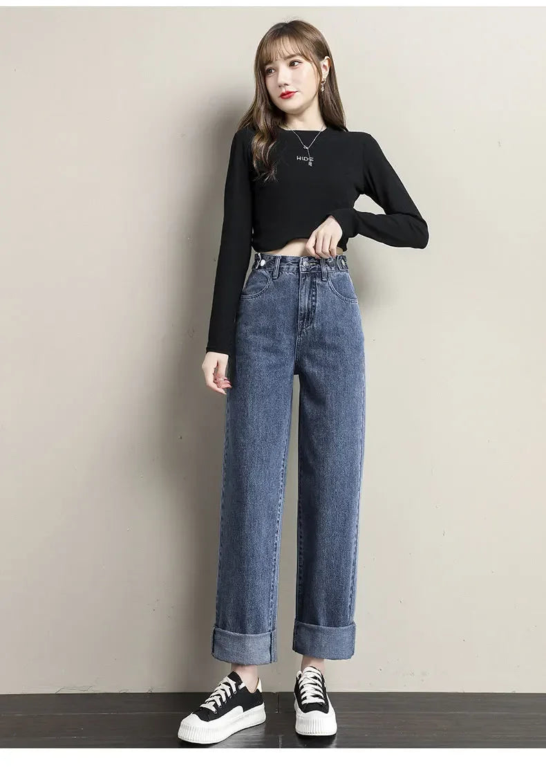 Multi-Button Wide-Leg Women's Jeans New Style Adjustable High-Waisted Straight-Leg Long Pants Loose Fit Niche Style