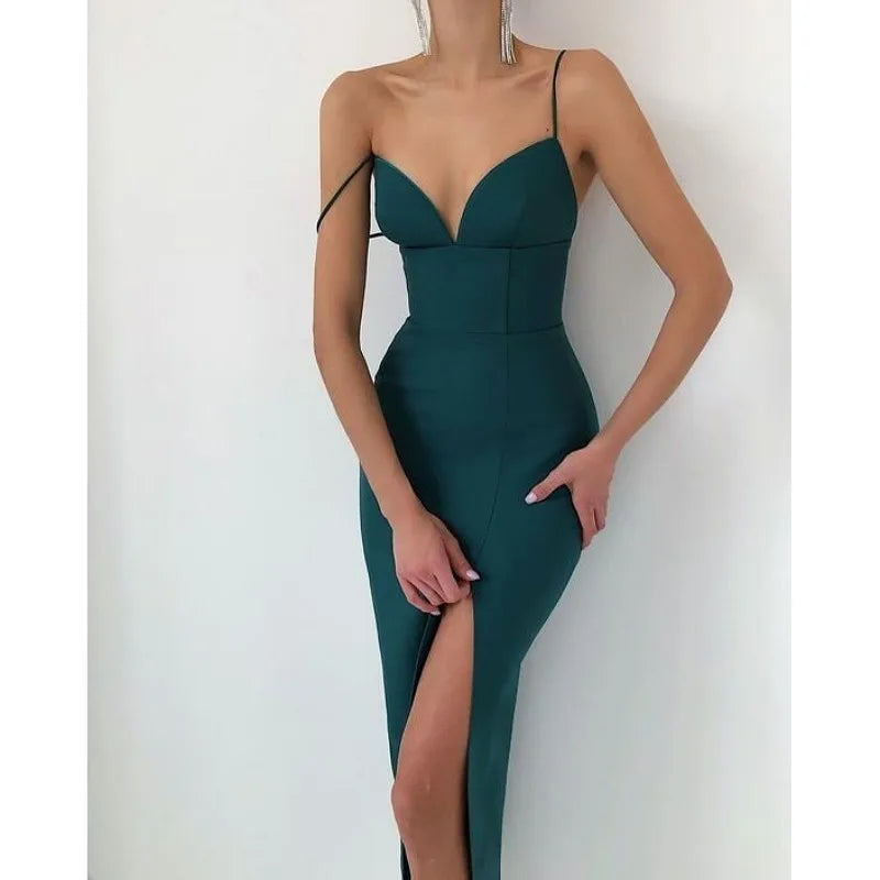 【Clearance】Women Bodycon Bandage Party Dress Sexy V Neck Spaghetti Straps Slit Mid-Calf Cocktail Club Dress TH-9537 - Seprincess