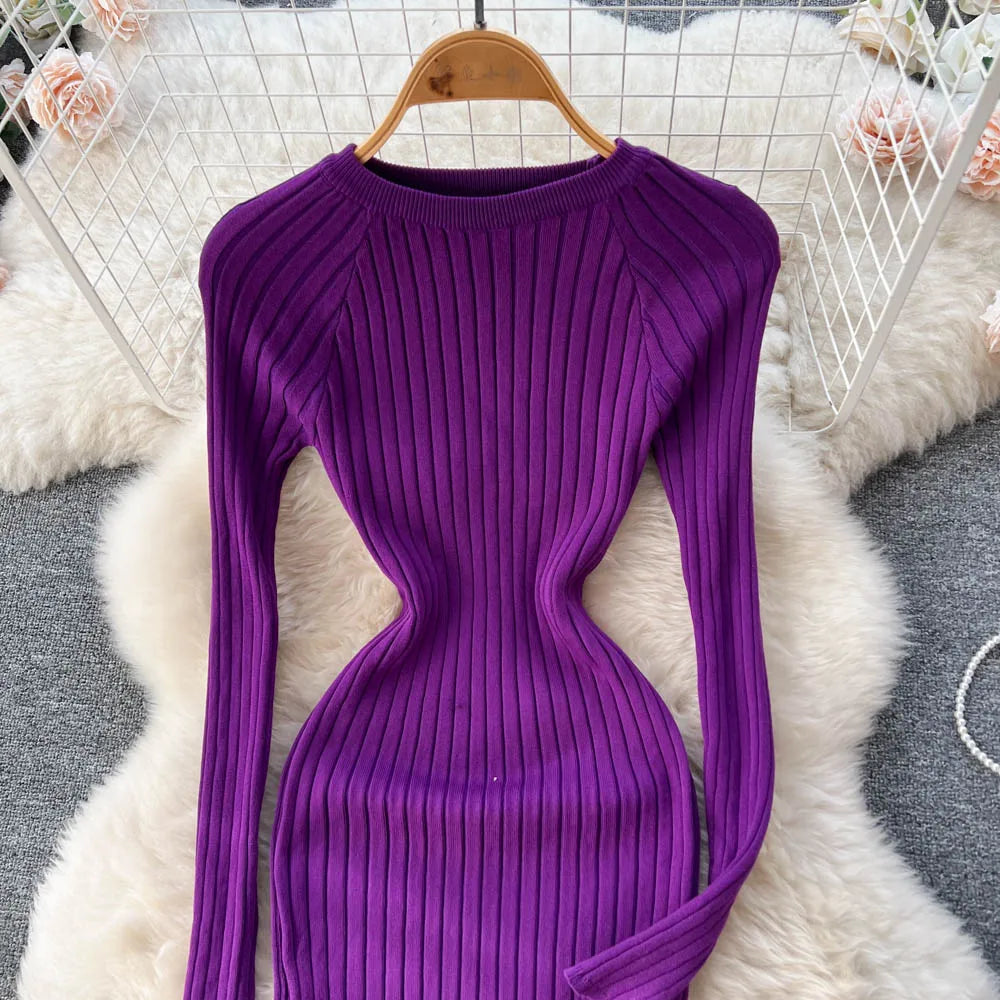 SINGREINY Winter Women Knit Maxi Dress O Neck Autumn Long Sleeve Slim Solid Harajuku Ladies Fashion Pencil Sweater Long Dresses - Seprincess