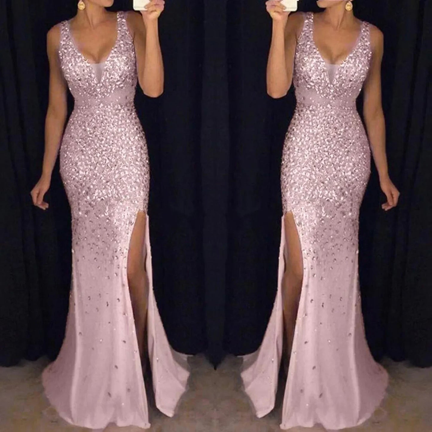 Women Sexy Mesh Sequins Party Long Dress 2023 Elegant Backless Bocycon High Slit Dress Summer Fashion Sexy Evening Prom Dress - Seprincess