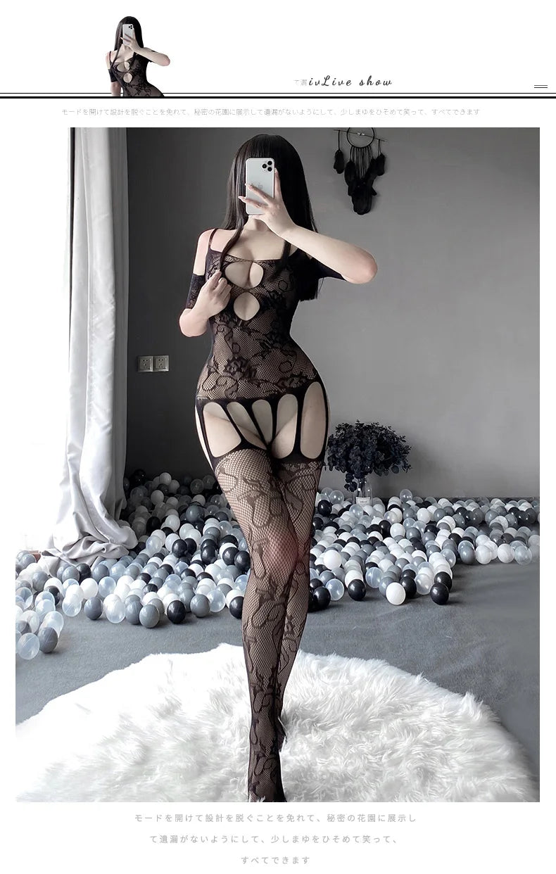 Sex Bodysuit Hollow mesh suit with deep V-shaped suspender pattern jumpsuit sexy woman lingerie Babydoll body femme lingerie xxx - Seprincess