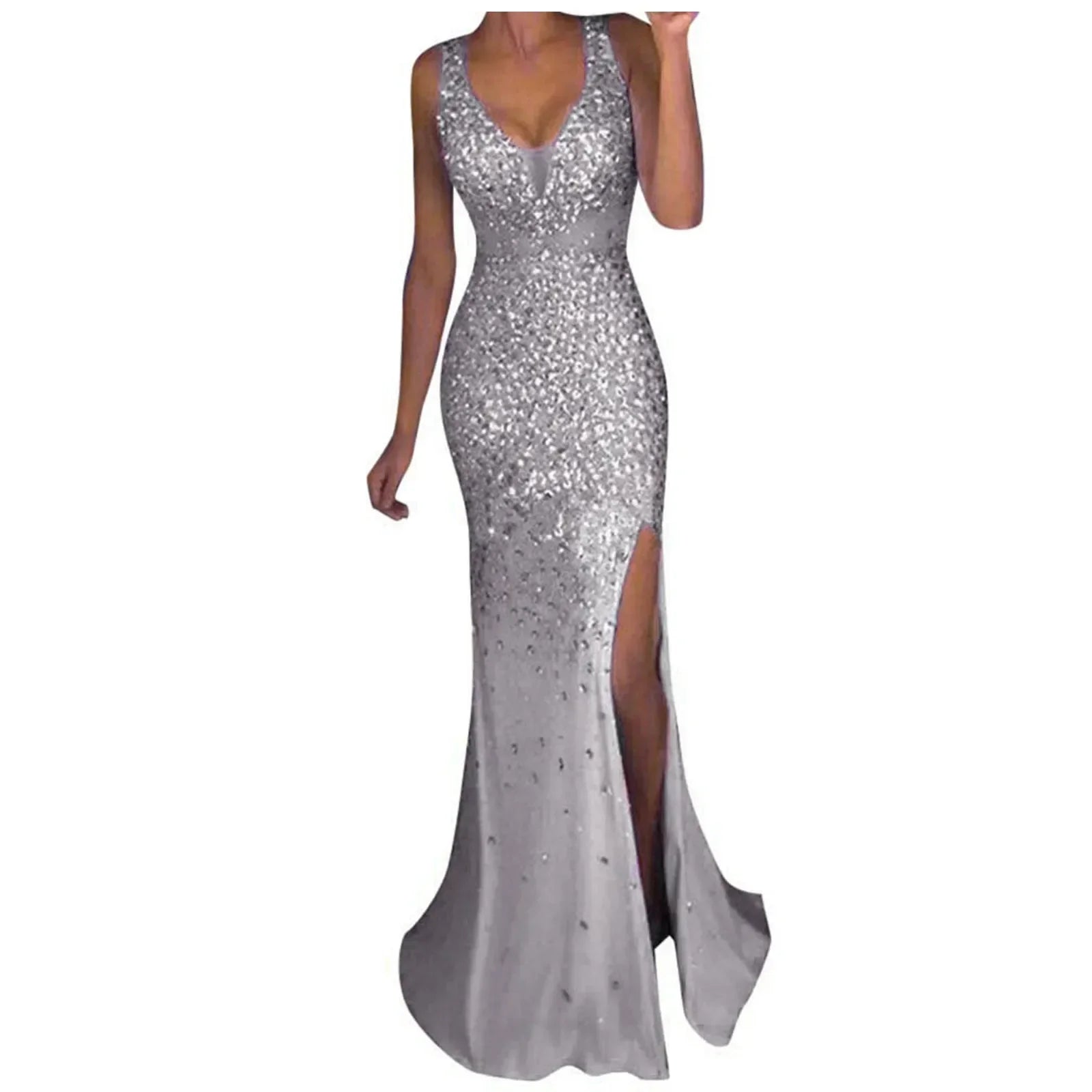 Women Sexy Mesh Sequins Party Long Dress 2023 Elegant Backless Bocycon High Slit Dress Summer Fashion Sexy Evening Prom Dress - Seprincess