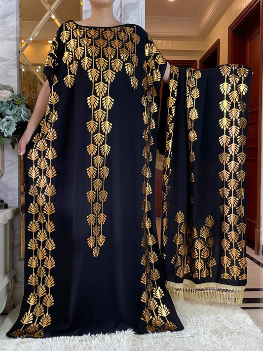 Dubai New Abaya For Women  Summer Short Sleeve Cotton Dress Gold Stamping Loose Lady Maxi Islam African Dress With Big Scarf - Seprincess