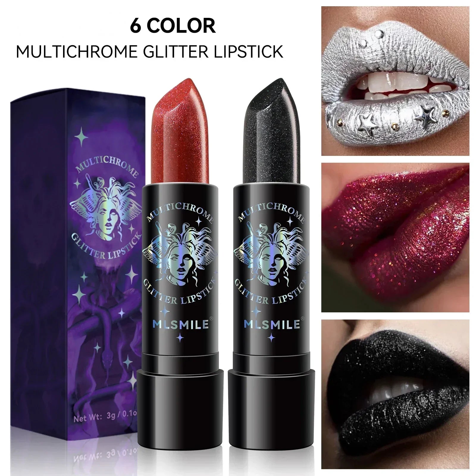 6Colors Glitter Lipstick Waterproof Long Lasting Diamond Pearlescent Metallic Lipstick Black Lipgloss Women Lips Makeup Cosmetic - Seprincess