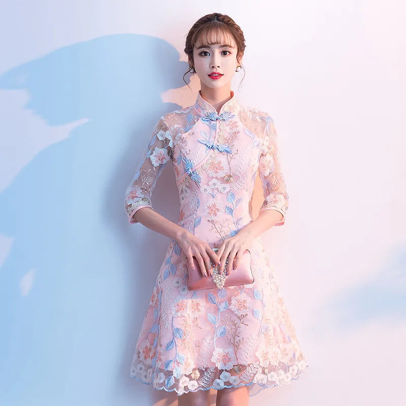 Pink Lace Embroidery A-Line Banquet Dresses Vintage Mandarin Collar Chinese Gown Cheongsam Skirt Wedding Party Dress Vestidos - Seprincess